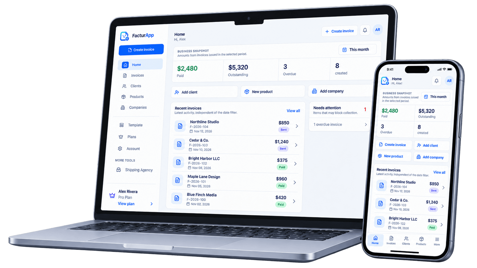 FacturApp on laptop and mobile: business overview, recent invoices and quick actions with example data