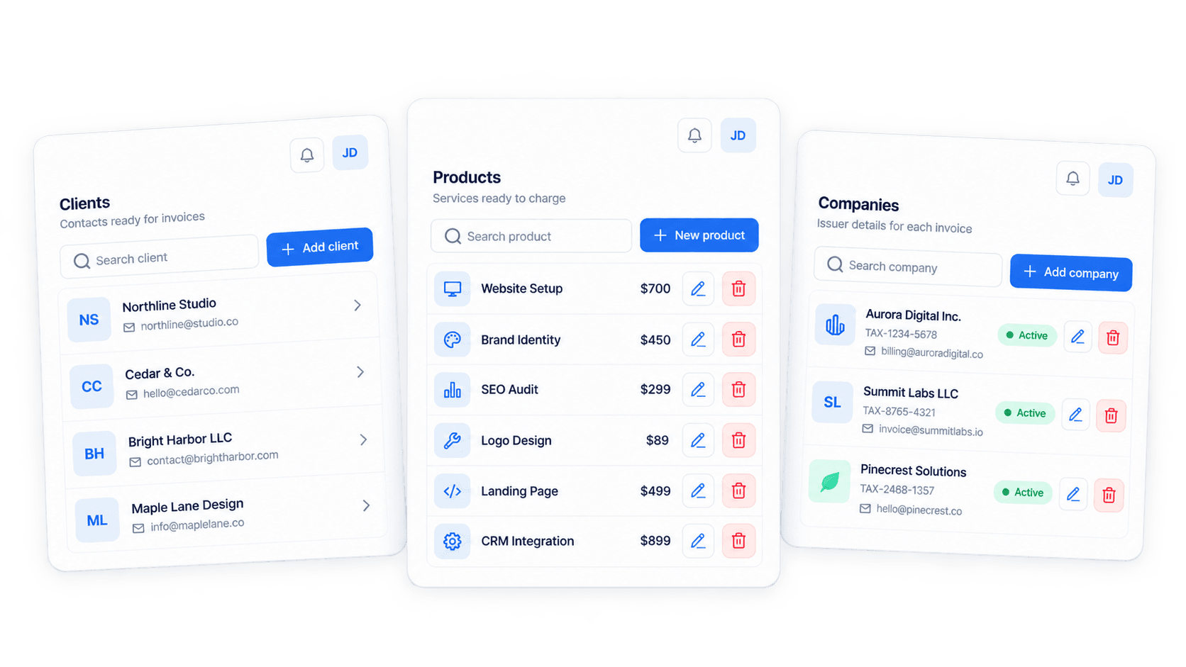 FacturApp client, product and company lists with example data