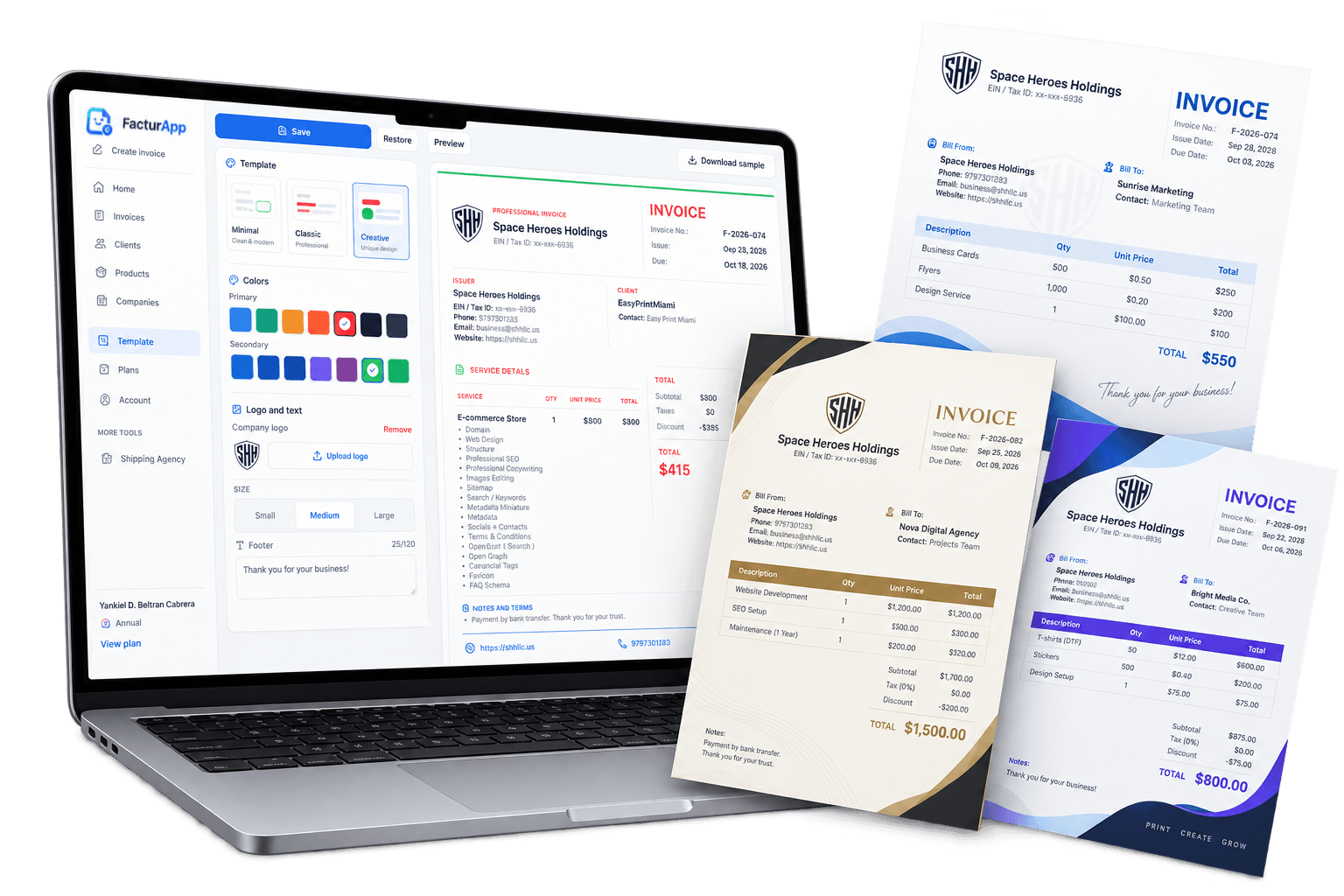 FacturApp template editor with a logo, colors and three example invoice designs